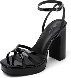sun gurg Strappy Platform Heels for Women Square Open Toe Chunky High Heels Multicolored Ankle Strap Block Heeled Sandals for Prom Wedding Date Night