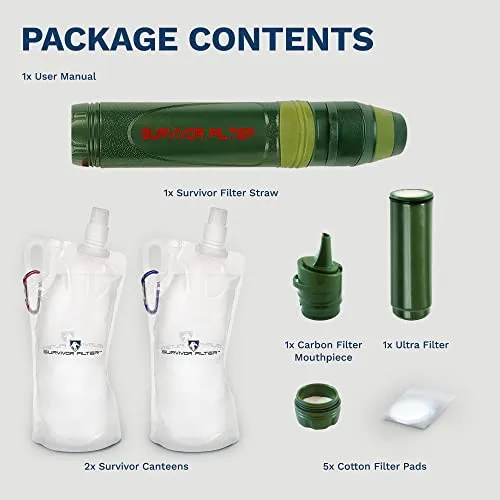 Survivor Filter Squeeze Kit - Collapsible Bottle & Filter Straw - Viral, Parasite, Bacterial Filter