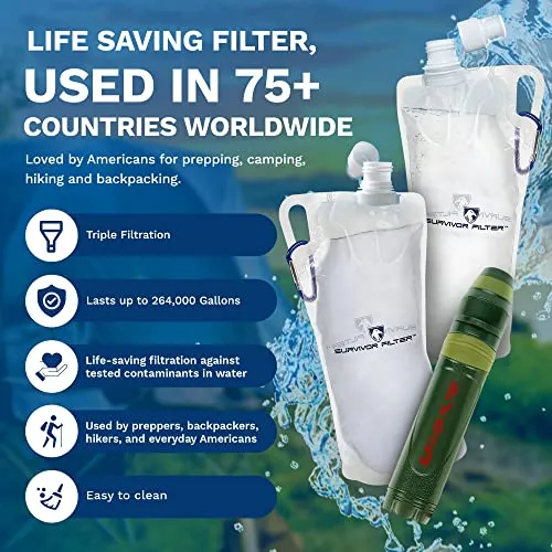 Survivor Filter Squeeze Kit - Collapsible Bottle & Filter Straw - Viral, Parasite, Bacterial Filter