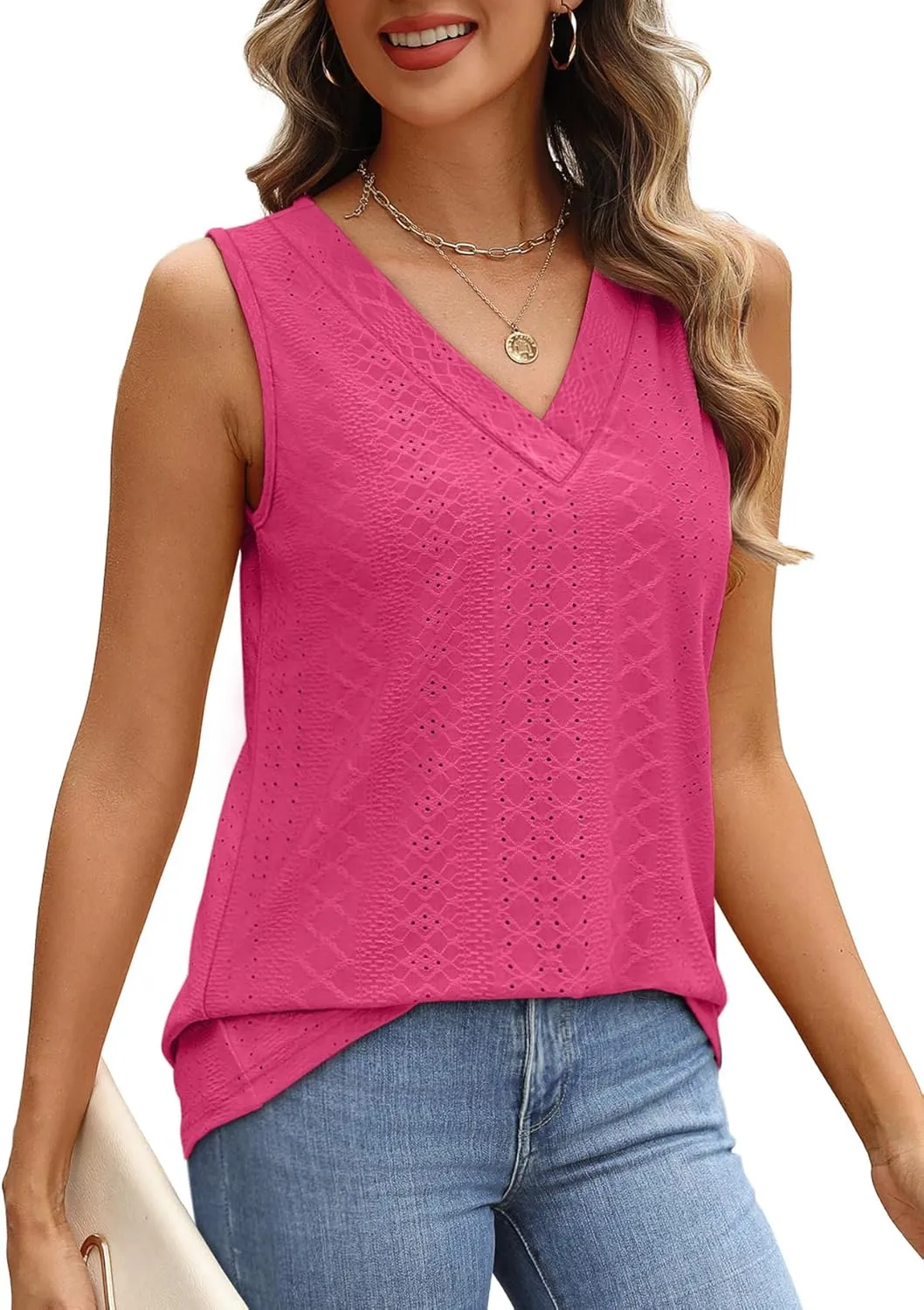 WIHOLL Tank Top for Women Summer Outfits V Neck T Shirts Trendy Eyelet Sleeveless Basic Beach Vacation Clothes