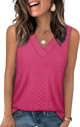 WIHOLL Tank Top for Women Summer Outfits V Neck T Shirts Trendy Eyelet Sleeveless Basic Beach Vacation Clothes