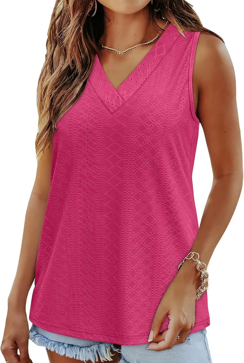 WIHOLL Tank Top for Women Summer Outfits V Neck T Shirts Trendy Eyelet Sleeveless Basic Beach Vacation Clothes