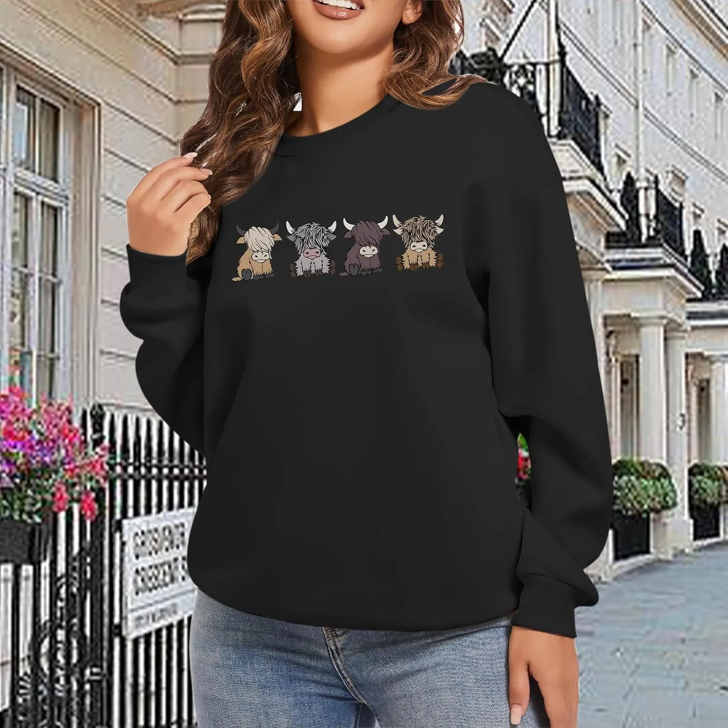 Women Highland Cow Sweatshirt Cute Animal Graphic Farm Pullover Country Western Casual Long Sleeve Shirts Tops