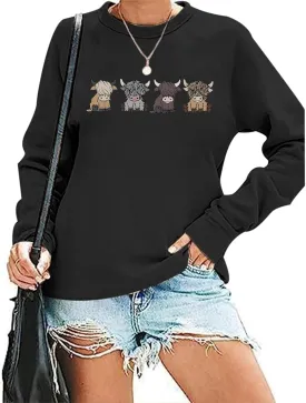 Women Highland Cow Sweatshirt Cute Animal Graphic Farm Pullover Country Western Casual Long Sleeve Shirts Tops