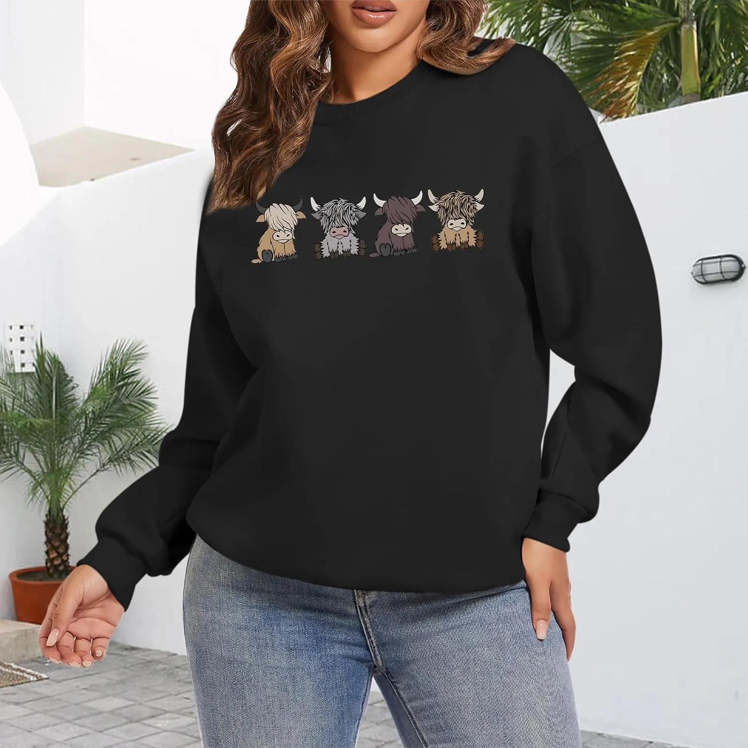 Women Highland Cow Sweatshirt Cute Animal Graphic Farm Pullover Country Western Casual Long Sleeve Shirts Tops